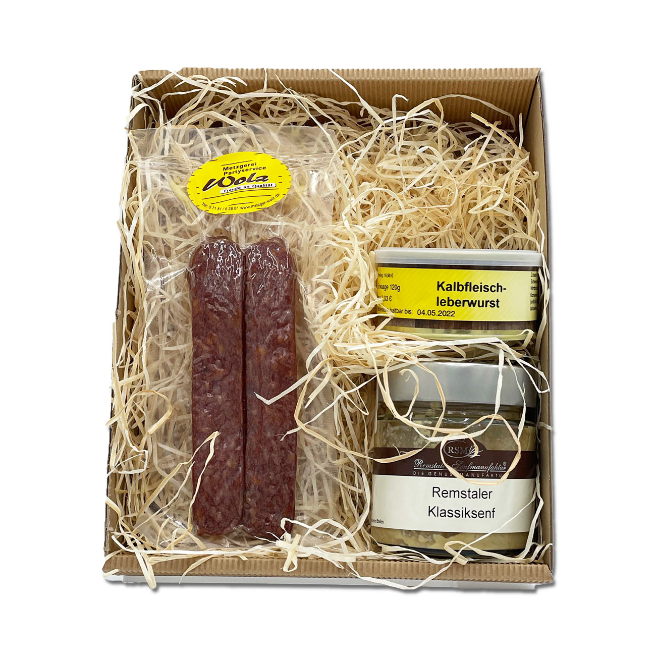 Paket Landjäger, Kalbsleberwurst und Remstaler Klassiksenf Paket Landjäger, Kalbsleberwurst und Remstaler Klassiksenf