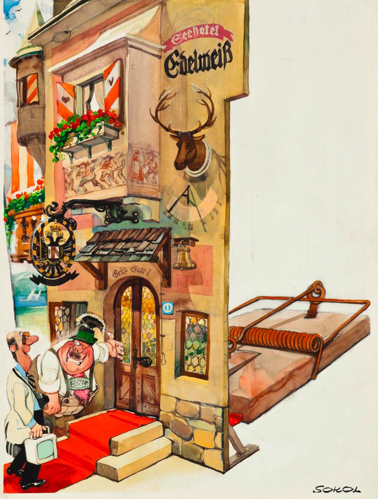 Karikatur eines Gastwirts, hinter der Tür eine große Mausefalle