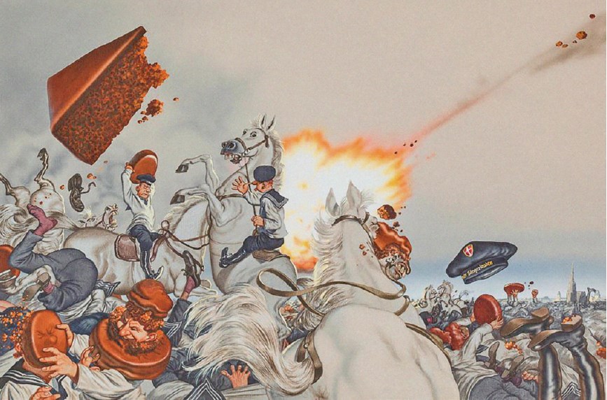 Karikatur einer historischen Schlacht mit Reitern und Sachertorte