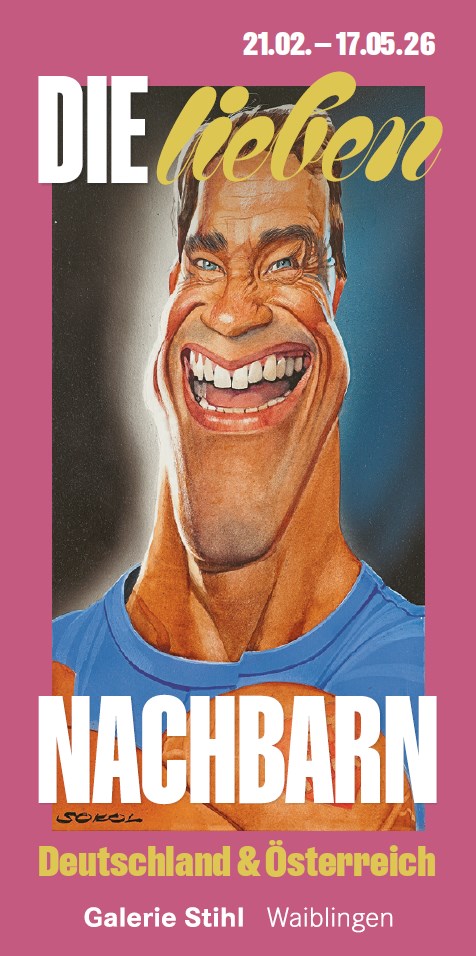 Cover einer Kunstaustellung mit Karikatur von Arnold Schwarzenegger